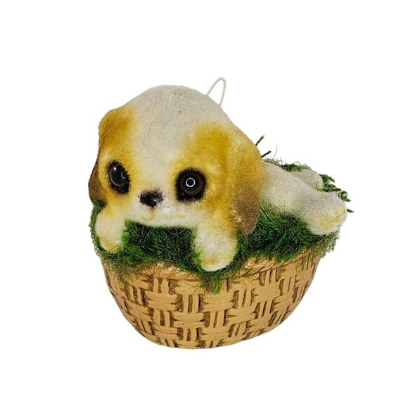 Vintage Josef Originals Japan Flocked Light Brown Puppy In Basket Figurine - Picture 1 of 8